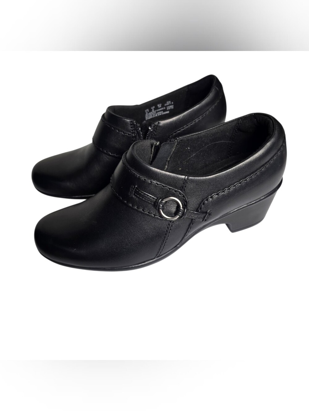 Clarks Genette Curve Black Leather Block Heel Zip Up Bootie Comfort Shoe 6M